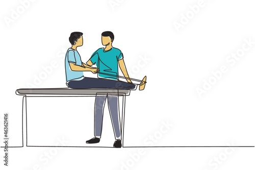 Continuous one line drawing people massage, professional relax therapy, medical health care, male masseur. Man sitting on couch, medicine wellness therapist specialist. Single line draw design vector