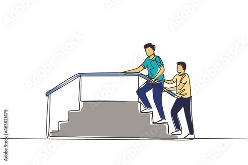 Single continuous line drawing therapist working with male patient climbing the stairs, medical rehabilitation, physical therapy activity. Dynamic one line draw graphic design vector illustration