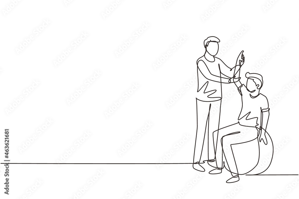 Continuous one line drawing physiotherapy rehabilitation isometric composition with young man patient sitting on ball and male doctor holding his hand. Single line draw design vector illustration Continuous one line drawing physiotherapy rehabilitation isometric composition with young man patient sitting on ball and male doctor holding his hand. Single line draw design vector illustration
