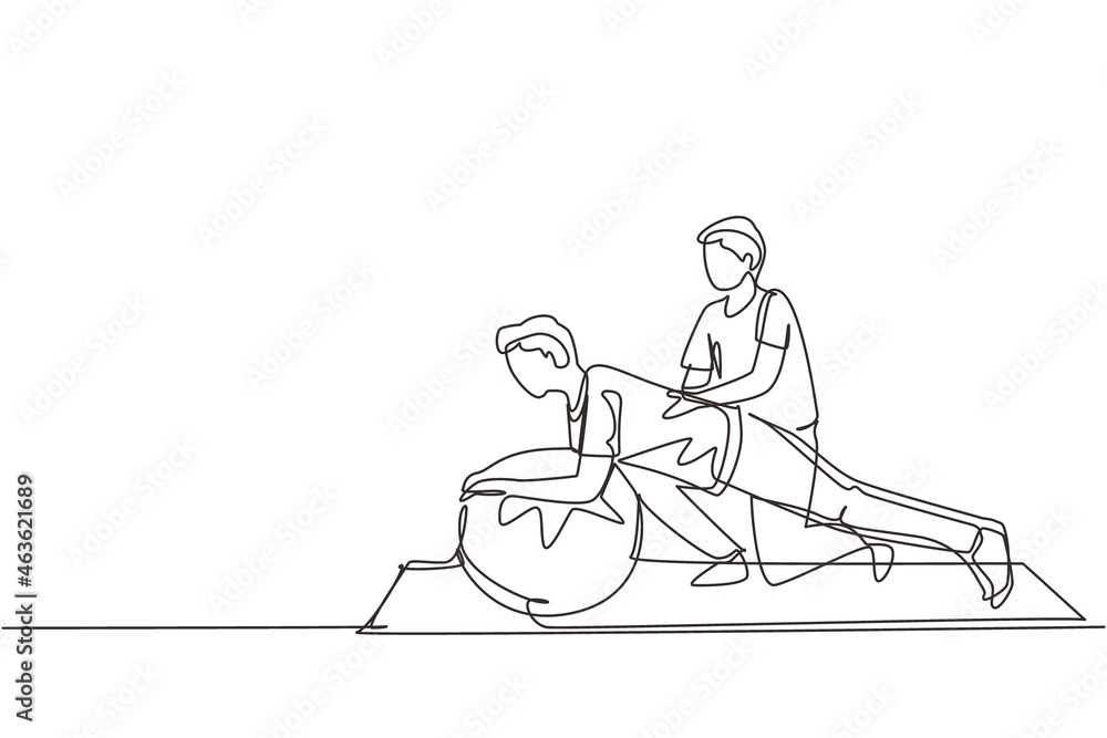 Continuous one line drawing physiotherapist or rehabilitologist doctor rehabilitates man patient. Male doing exercises on fitball. Physiotherapy rehab, injury recovery. Single line draw design vector