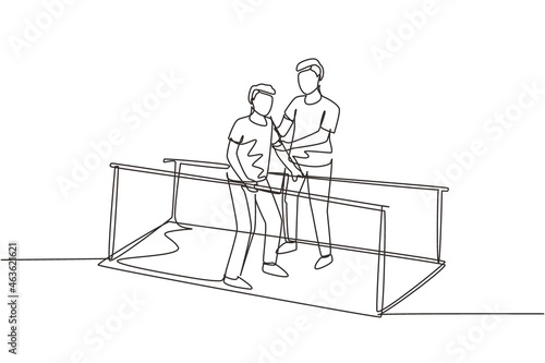Continuous one line drawing isometric doctor physiotherapist helping male patient using leg prosthesis to take first step. physical therapy of people with disabilities. Single line draw design vector