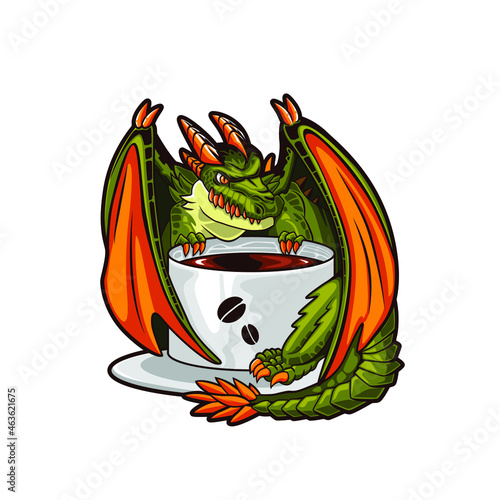 Illustration of dragon drinking coffee vector design
