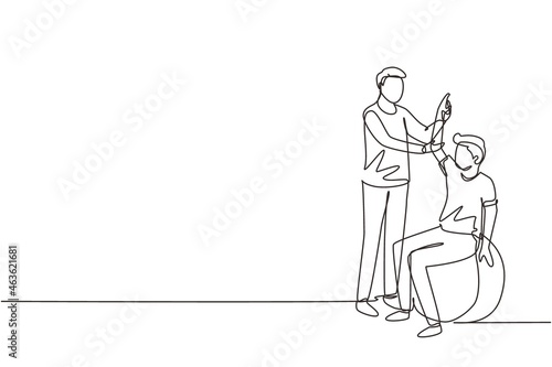 Continuous one line drawing physiotherapy rehabilitation isometric composition with young man patient sitting on ball and male doctor holding his hand. Single line draw design vector illustration photo