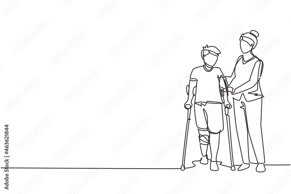 Continuous one line drawing rehabilitation center. Little boy patient learning to walk using crutches with help of doctor. Physiotherapy treatment of people with injury. Single line draw design vector