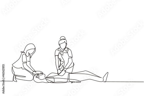 Continuous one line drawing paramedic giving indirect heart massage first aid to woman patient. Saving lives or emergency accident. Health, care, teamwork. Single line draw design vector illustration