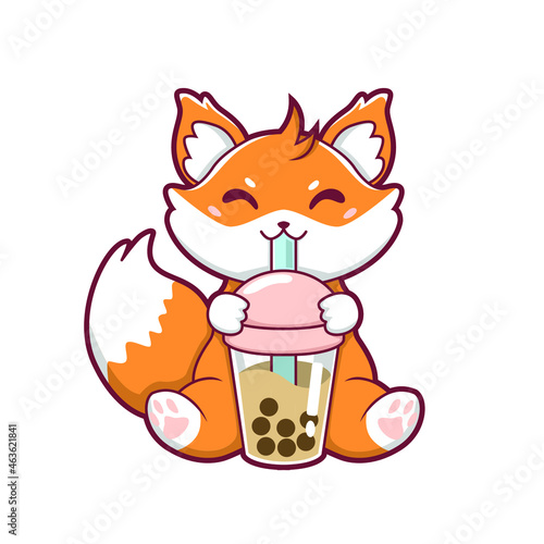 Illustration of fox drinking boba vector desig 