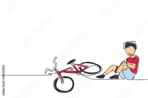 Single continuous line drawing boy fallen off bicycle. Bike accident. Kids fallen damaged bicycle broken transport children accidents helping person. Dynamic one line draw design vector illustration