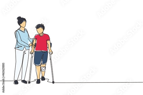 Continuous one line drawing rehabilitation center. Little boy patient learning to walk using crutches with help of doctor. Physiotherapy treatment of people with injury. Single line draw design vector