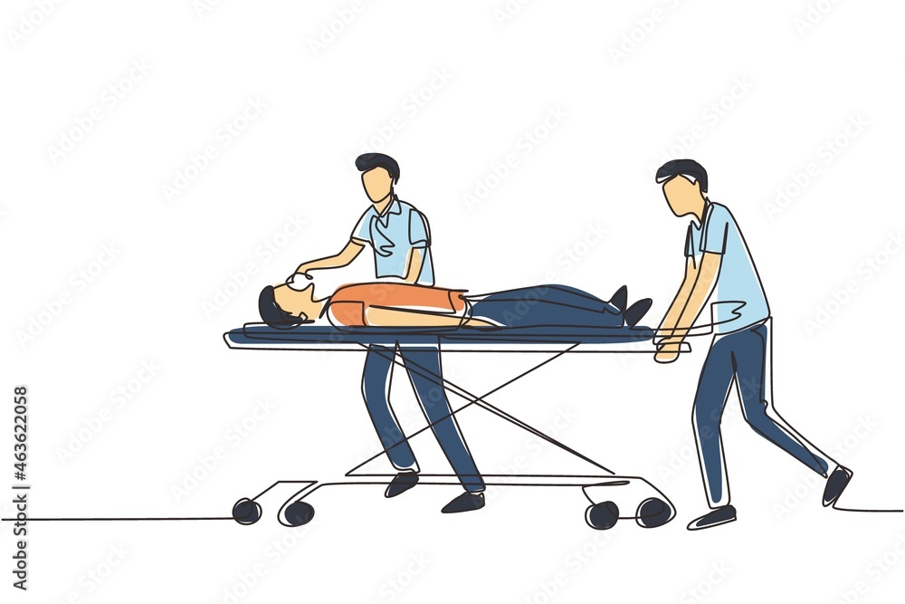 Continuous one line drawing medical team resuscitates affected person. Doctors take patient to gurney. Man has difficulty breathing. Health care and aid. Single line draw design vector illustration