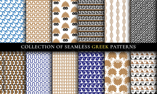 Vector seamless Greek patterns collection, art set