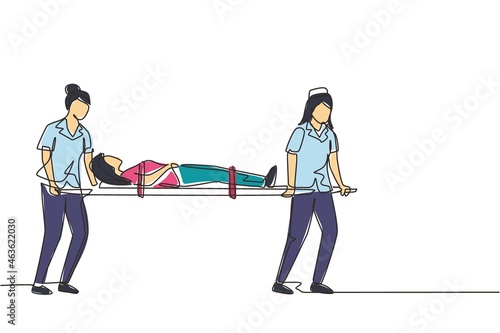 Single continuous line drawing paramedic team of woman doctors moving with injured sick patient on stretcher to ambulance car. Saving lives or calling emergency accident. One line draw design vector