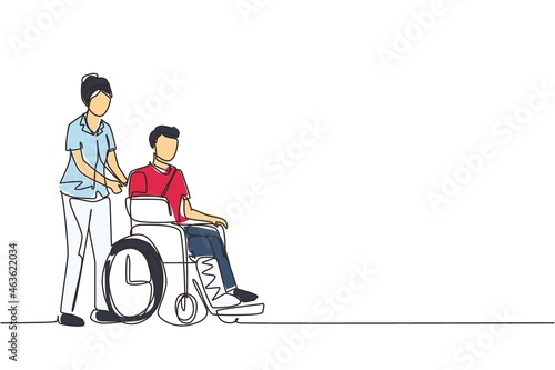 Continuous one line drawing disabled male with broken hand, leg riding wheelchair with nurse assistance. Man patient in traumatology hospital. Disability. Single line draw design vector illustration