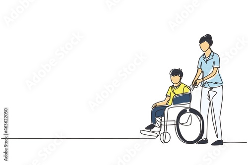 Single one line drawing disabled boy with broken hand, leg riding wheelchair with nurse assistance. Kids patient in traumatology hospital. Disability. Continuous line draw design vector illustration