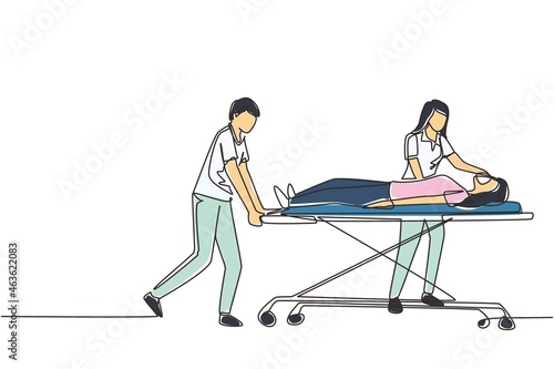 Single one line drawing doctors push gurney with sick woman. Room in hospital. Medical staff, infected patient. Health care and aid. Medical quarantine. Continuous line draw design vector illustration