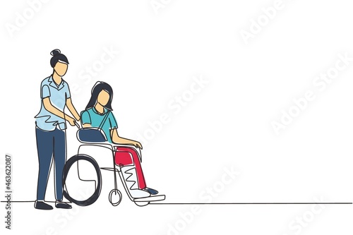 Single continuous line drawing disabled woman patient in wheelchair and doctor. Female transporting person walk in hospital. Medicine service. Rehabilitation. One line draw design vector illustration