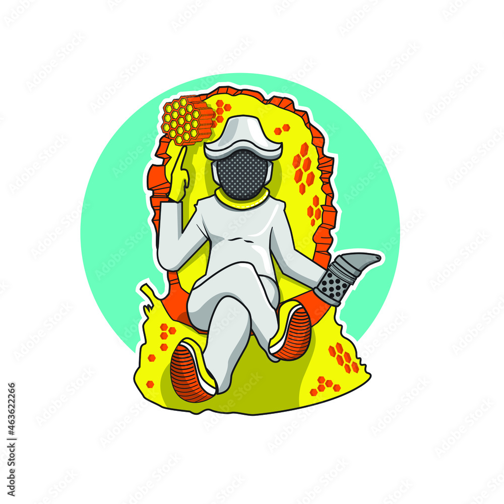 Illustration of bee keeper sitting on the throne of the honey comp Illustration of bee keeper sitting on the throne of the honey comp