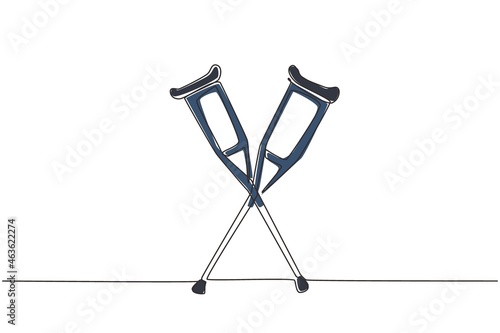 Single one line drawing crutches logo. Elbow crutch, telescopic metal crutch. Medical equipment for rehabilitation of people with diseases of musculoskeletal system. Continuous line draw design vector
