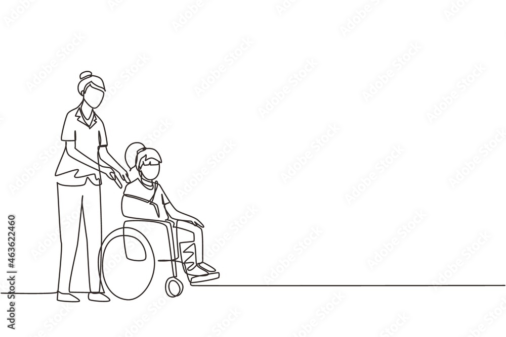 Single continuous line drawing paramedic help disabled little girl in wheelchair in transportation. Spend time together with fun, equal opportunities. Volunteer assistance. One line draw design vector Single continuous line drawing paramedic help disabled little girl in wheelchair in transportation. Spend time together with fun, equal opportunities. Volunteer assistance. One line draw design vector