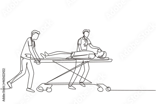 Continuous one line drawing medical team resuscitates affected person. Doctors take patient to gurney. Man has difficulty breathing. Health care and aid. Single line draw design vector illustration
