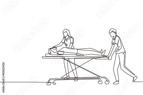 Single one line drawing doctors push gurney with sick woman. Room in hospital. Medical staff, infected patient. Health care and aid. Medical quarantine. Continuous line draw design vector illustration
