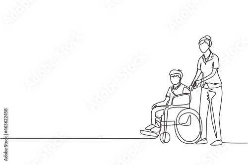 Single one line drawing disabled boy with broken hand, leg riding wheelchair with nurse assistance. Kids patient in traumatology hospital. Disability. Continuous line draw design vector illustration
