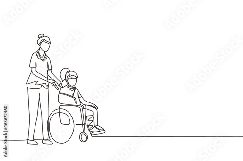 Single continuous line drawing paramedic help disabled little girl in wheelchair in transportation. Spend time together with fun, equal opportunities. Volunteer assistance. One line draw design vector