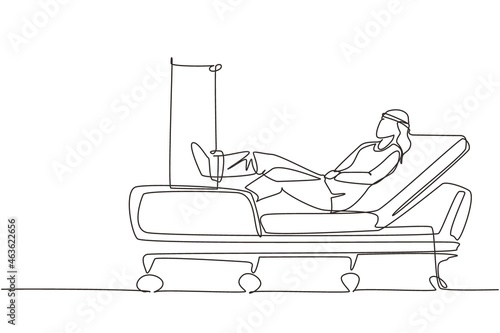 Single continuous line drawing woman patient with broken leg lying in hospital. Hospitalization of patient. Sick person is in bed. The leg is bandaged and fixed with cast. One line draw design vector