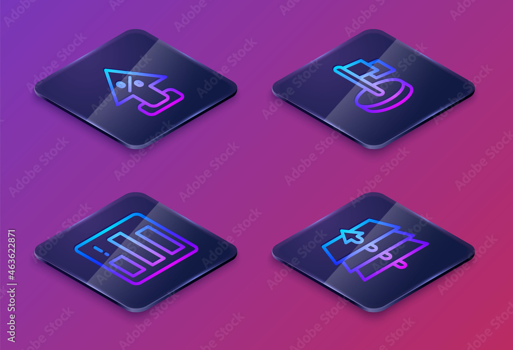 Set Isometric line Percent up arrow, Pie chart infographic, Flag and Layers. Blue square button. Vector Set Isometric line Percent up arrow, Pie chart infographic, Flag and Layers. Blue square button. Vector