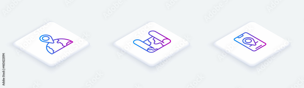 Set Isometric line Location on the globe, Folded map and City navigation. White square button. Vector Set Isometric line Location on the globe, Folded map and City navigation. White square button. Vector