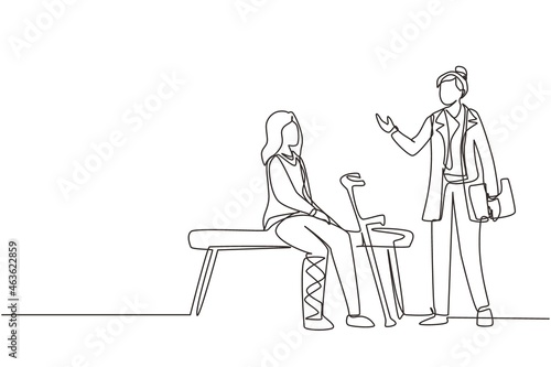 Continuous one line drawing leg fracture patient. Medical doctor talking to woman with broken leg in hospital room. Young girl on consultation with trauma. Single line draw design vector illustration