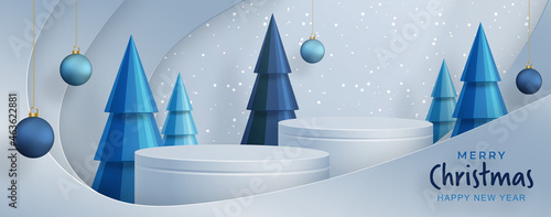 Podium round stage style, for Merry christmas and happy new year and festivals or greeting festival with red paper cut art and craft on color backgroung with festive elements.