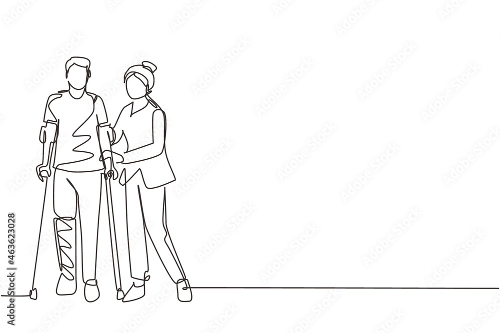 Single one line drawing rehabilitation center. Young man patient learning to walk using crutches with help of doctor. Physiotherapy treatment of people with injury. Continuous line draw design vector - obrazy, fototapety, plakaty 