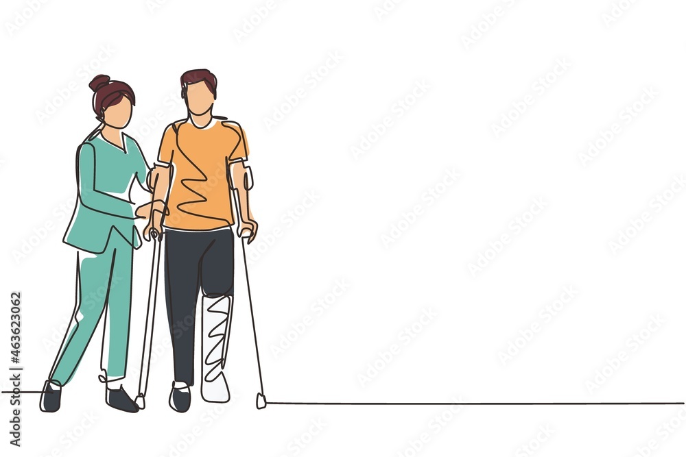 Single one line drawing rehabilitation center. Young man patient learning to walk using crutches with help of doctor. Physiotherapy treatment of people with injury. Continuous line draw design vector