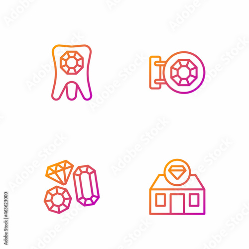 Set line Jewelry store, Gem stone, Tooth with diamond and . Gradient color icons. Vector