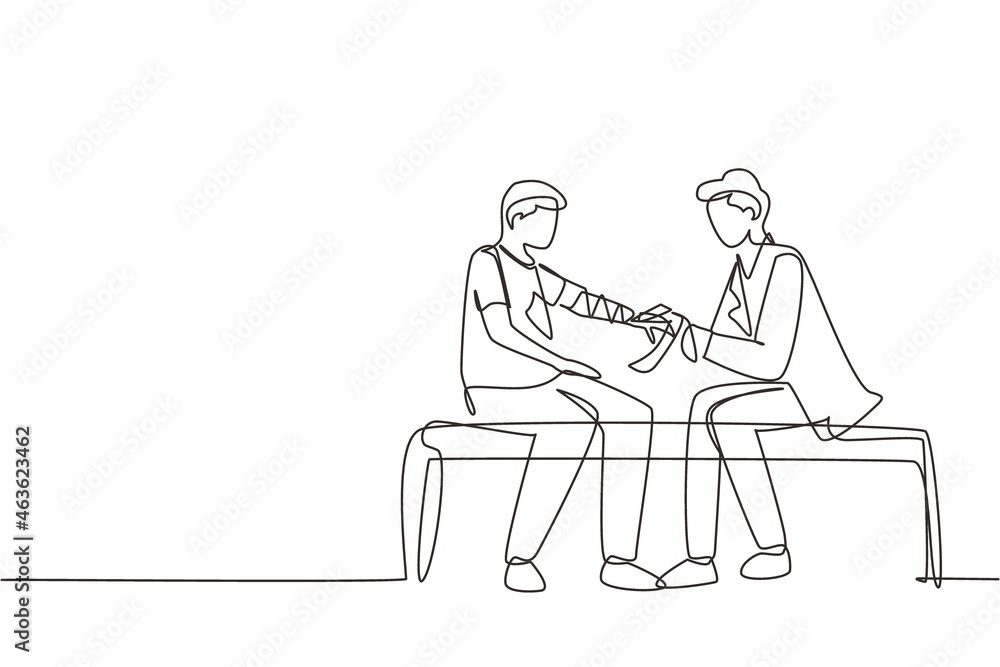 Single continuous line drawing doctor bandages patient man hand. First aid emergency hands doing dressing bandage in Traumatology clinic. Medical treatment in hospital. One line draw design vector Single continuous line drawing doctor bandages patient man hand. First aid emergency hands doing dressing bandage in Traumatology clinic. Medical treatment in hospital. One line draw design vector
