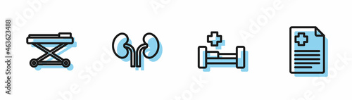 Set line Hospital bed, Stretcher, Human kidneys and Patient record icon. Vector