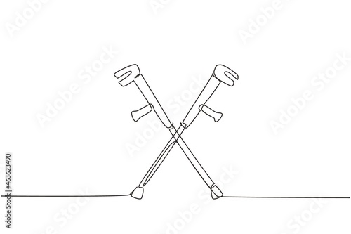 Single one line drawing crutches icon. Elbow crutch, telescopic metal crutch. Medical equipment for rehabilitation of people with diseases of musculoskeletal system. Continuous line draw design vector