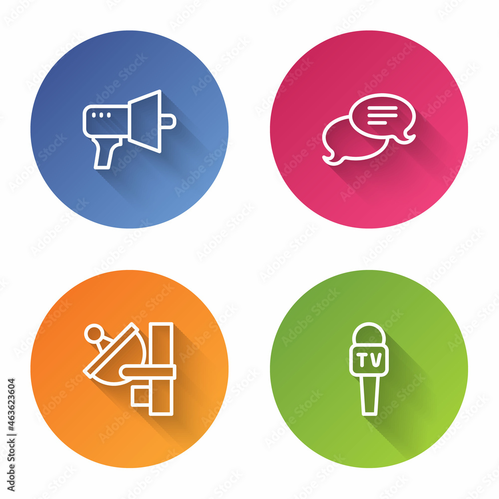 Set line Megaphone, Speech bubble chat, Radar and Microphone. Color circle button. Vector Set line Megaphone, Speech bubble chat, Radar and Microphone. Color circle button. Vector