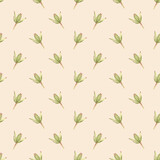 Seamless floral pattern. Watercolor beige background with green leaves and bud for textile, wrapping paper