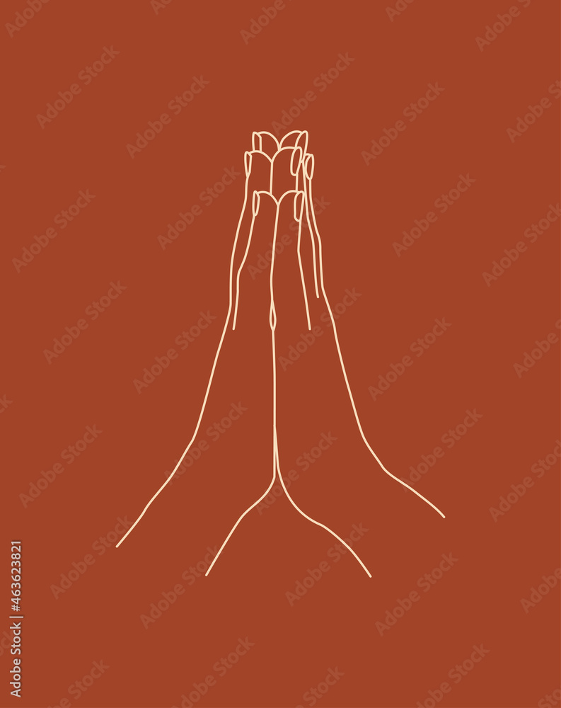 Beautiful female hands. Contour illustrations. Bohemian prints. Hand cream logo. Vector illustration. Illustration for packaging design of hand skin care cosmetics. Hands of a praying person. Beautiful female hands. Contour illustrations. Bohemian prints. Hand cream logo. Vector illustration. Illustration for packaging design of hand skin care cosmetics. Hands of a praying person.