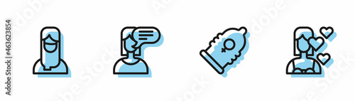 Set line Condom, Muslim woman in hijab, Female opinion and Love yourself icon. Vector