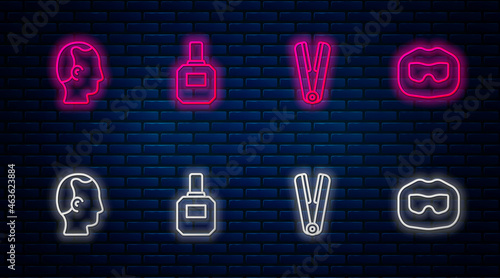 Set line Aftershave, Curling iron for hair, Baldness and Mustache and beard. Glowing neon icon on brick wall. Vector