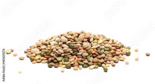 Mixed legumes and cereals, peeled barley, green, yellow and dark red lentils, half green peas, black white beans, green beans isolated on white background