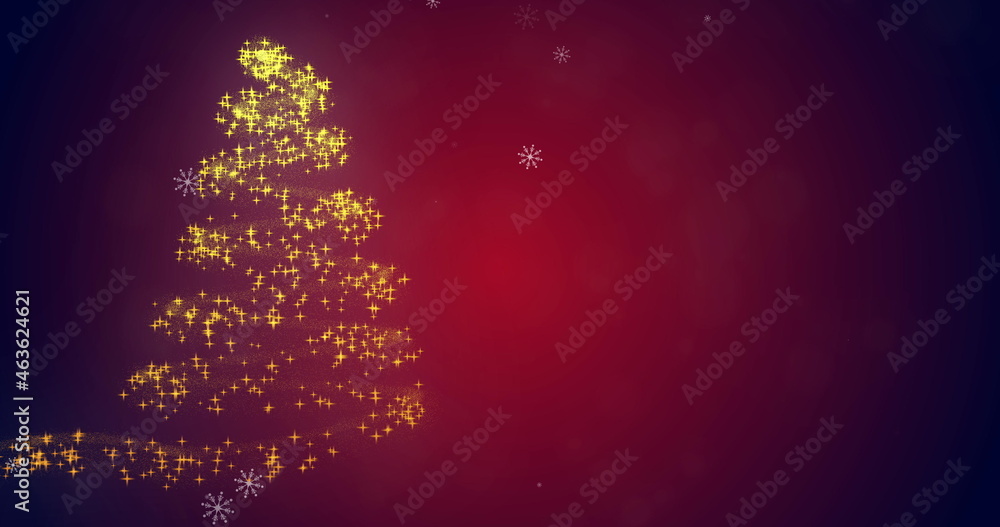 Fototapeta premium Snowflakes falling on glowing Christmas trees against red background