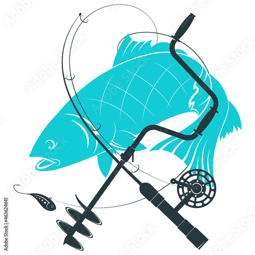 Fish and fishing rods. Ice fishing winter silhouette