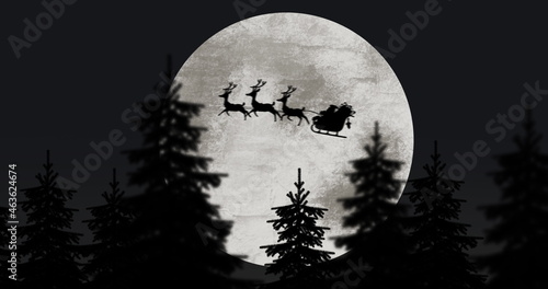 Silhouette of Santa Claus in sleigh being pulled by reindeers against moon © vectorfusionart