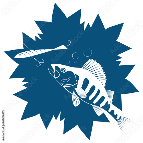 A fish against a background of snowflakes chases the bait. Ice fishing