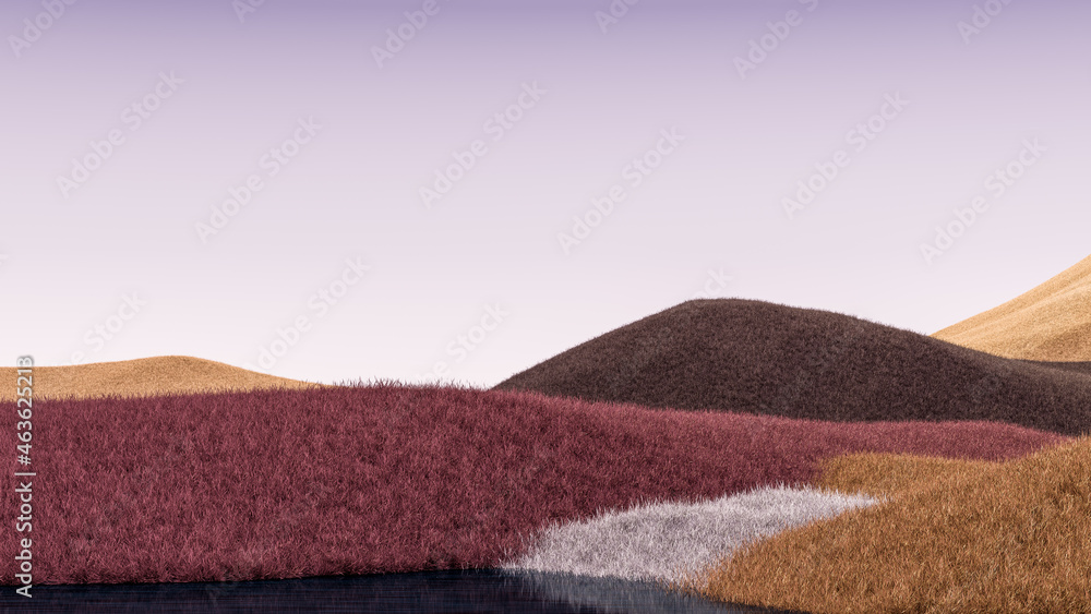 Surreal mountains landscape with brown, orange peaks and purple sky. Minimal modern abstract background. Shaggy surface with a slight noise. 3d rendering - obrazy, fototapety, plakaty 