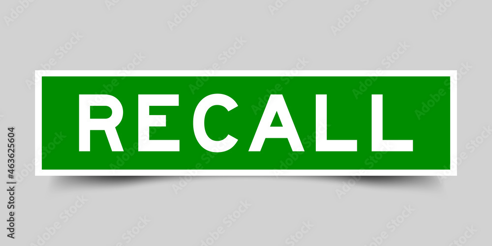 Square label banner with word recall in green color on gray background Square label banner with word recall in green color on gray background