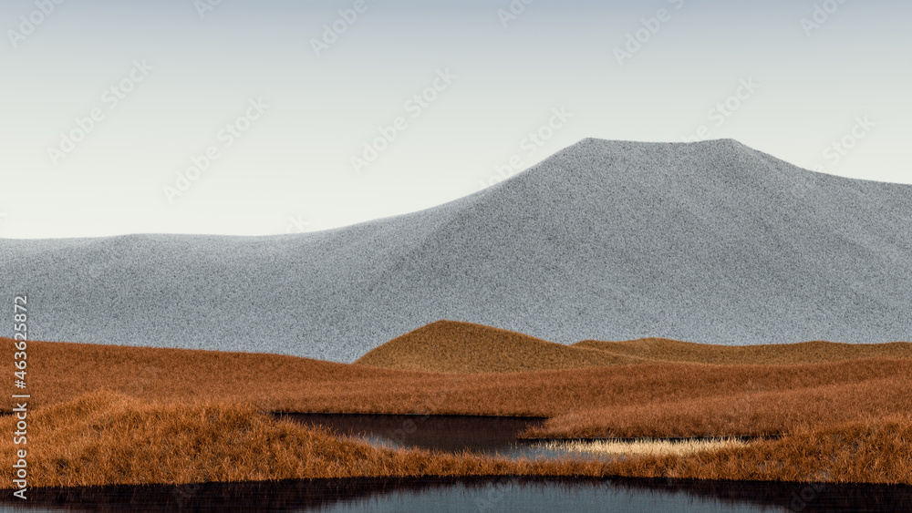 Surreal mountains landscape with gray, orange peaks and pale sky. Minimal modern abstract background. Shaggy surface with a slight noise. 3d rendering
